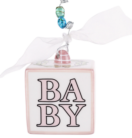GLORY HAUS Pink Baby's 1st Christmas Block Ornament